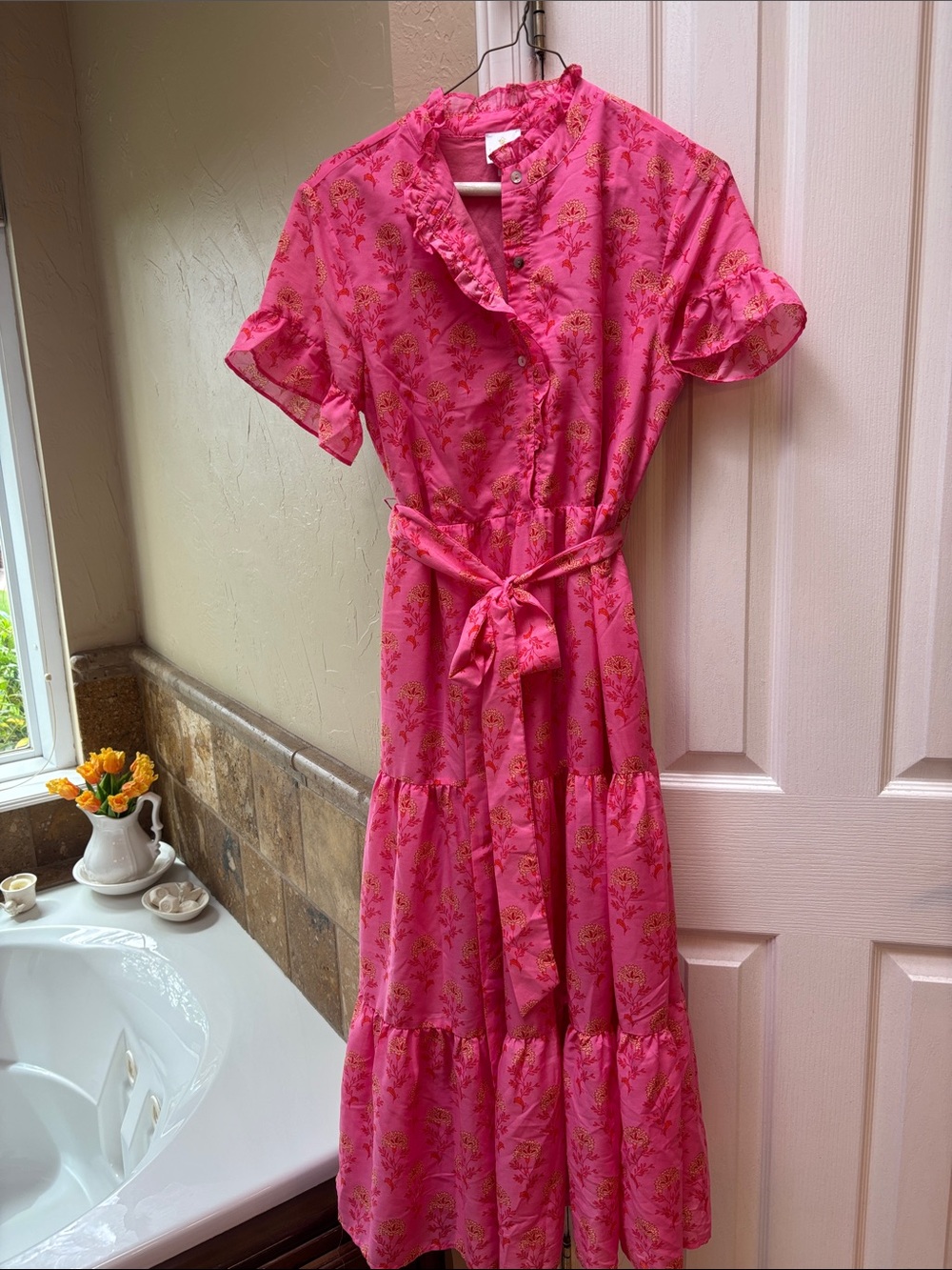 Bright Pink Floral Tie-Waist Maxi Dress